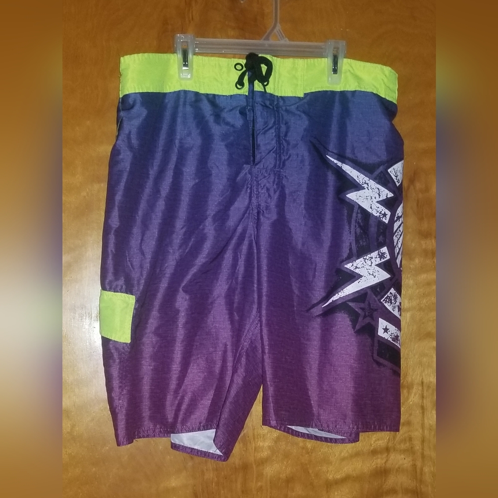 Men's Joe Boxer Purple W/ Bright Green Trim Large Board Shorts